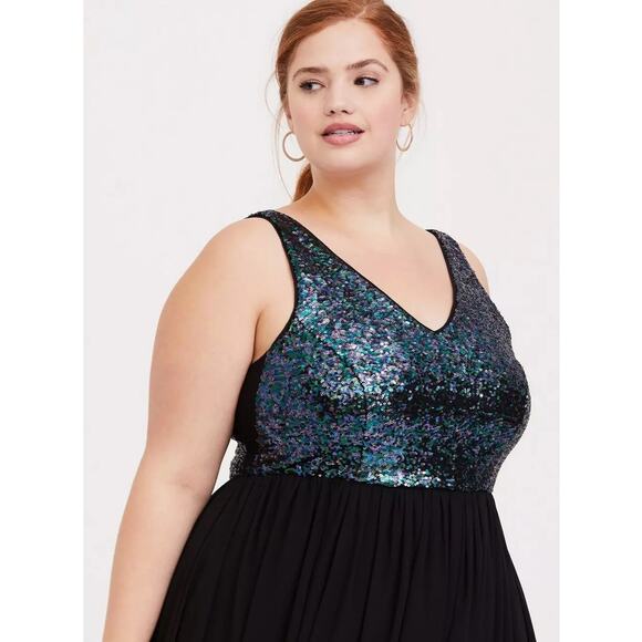 Torrid Black Sequin Chiffon Skater Midi Dress Size 12 -K186 - Picture 6 of 6